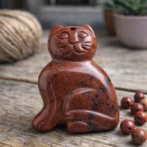 Red Jasper Hand Carved Cat Pendant 30mm Natural Gemstone Center Drilled DIY
